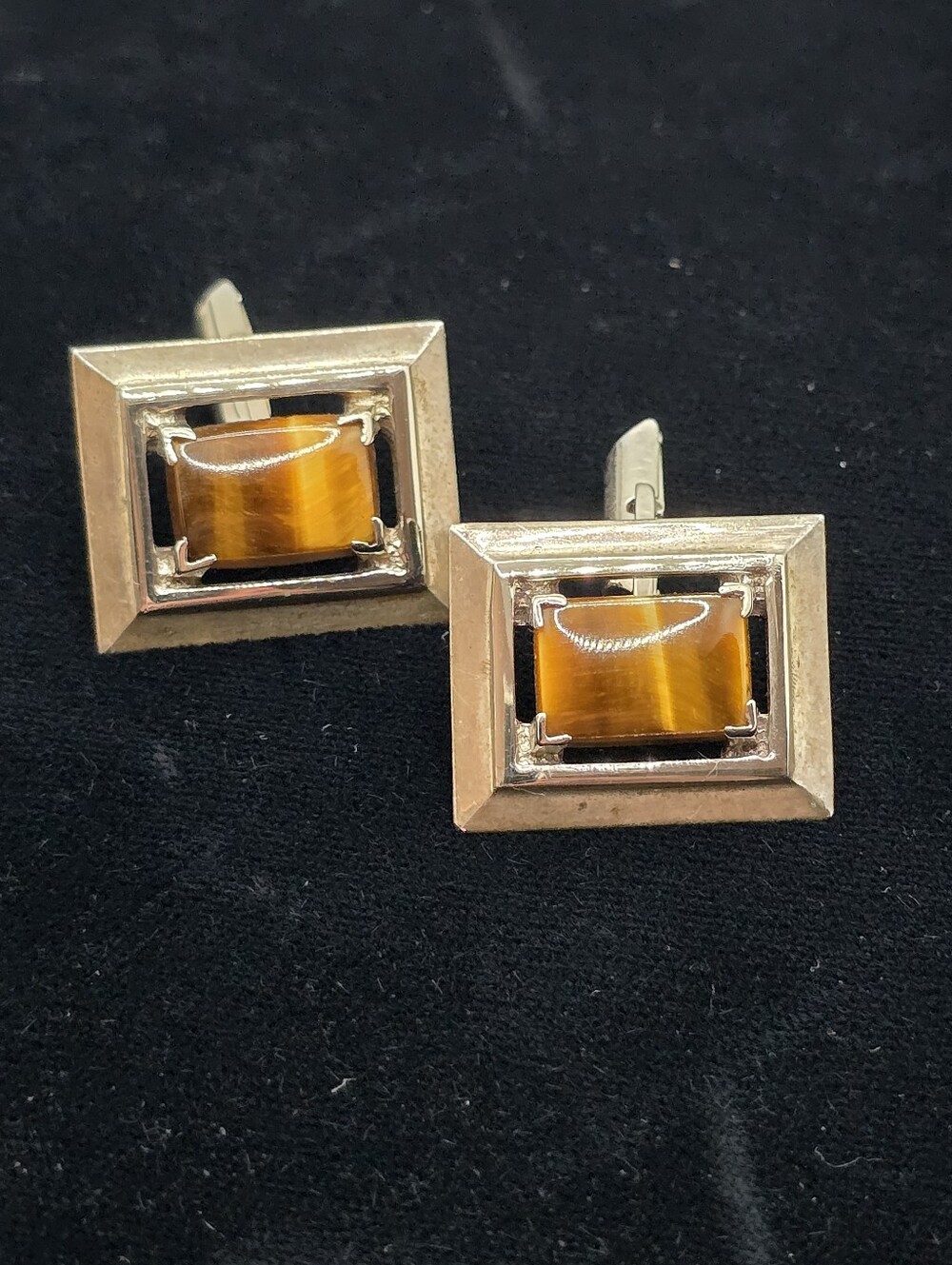 Sterling Tiger's Eye Cufflinks Classic Mid-century Rectangular